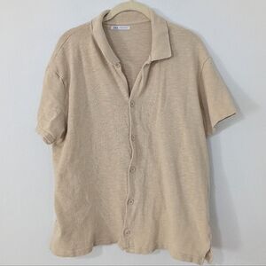 Zara Short Sleeve Button Front Knit Camp Shirt Lightweight Tan Medium M